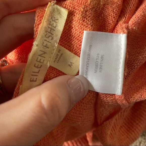 Eileen Fisher Orange Linen and Cotton Blend Hooded 3/4 Length Sleeve V Neck Top - Picture 7 of 7